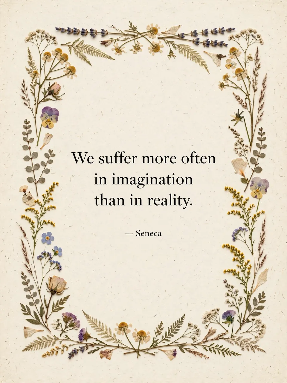 Botanical quote poster on cream textured paper framed by delicate pressed flowers with Seneca's text in black serif type