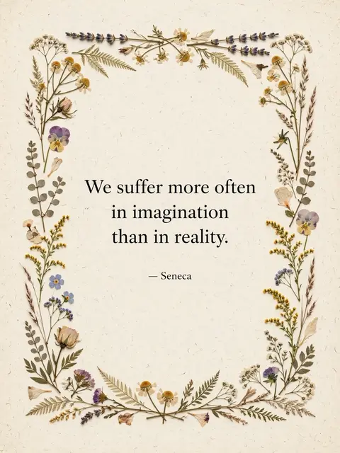 Botanical quote poster on cream textured paper framed by delicate pressed flowers with Seneca's text in black serif type