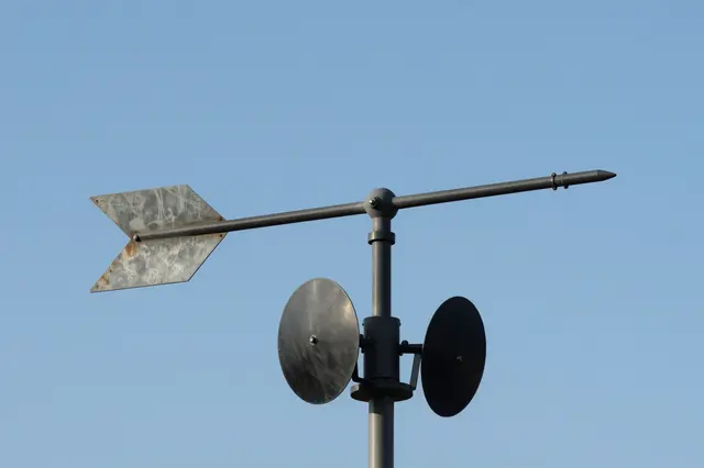 A metal wind vane and anemometer mounted to a mast against a clear light blue sky