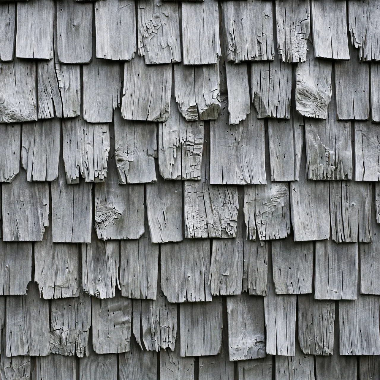 Full frame close-up of overlapping weathered gray cedar shingles covering an entire wall