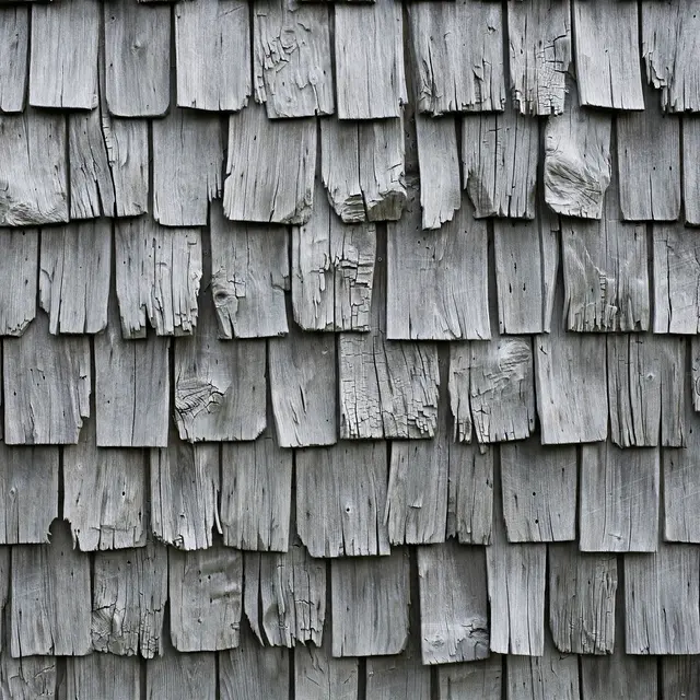 Full frame close-up of overlapping weathered gray cedar shingles covering an entire wall