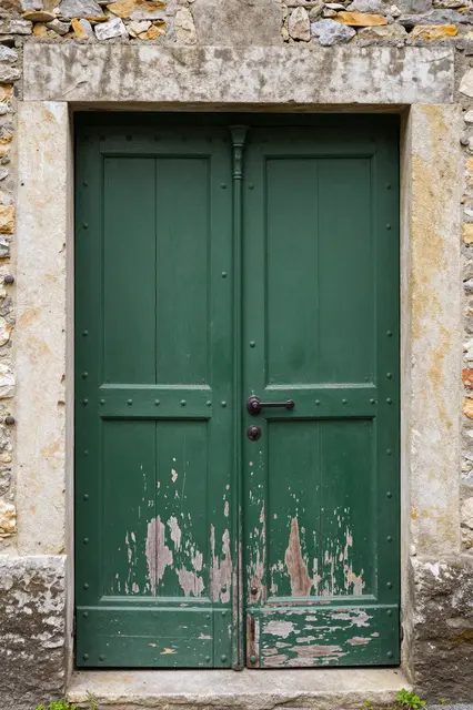 Peeling weathered forest green studded double doors set in an old rough stone wall