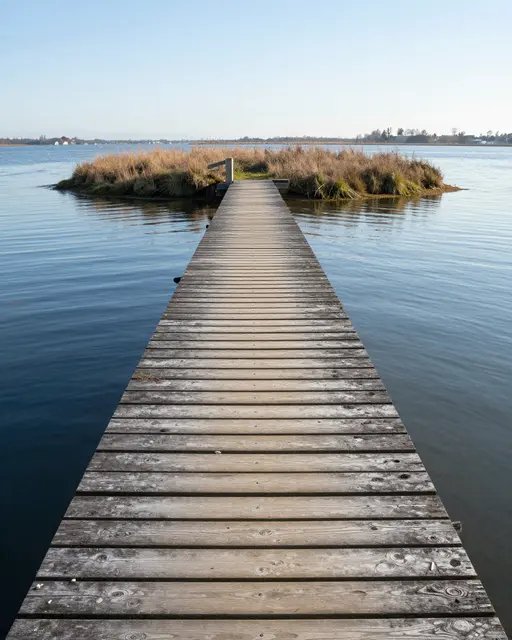 A weathered wooden jetty stretches across calm estuary water to a small grassy reed-covered islet under clear pale sky