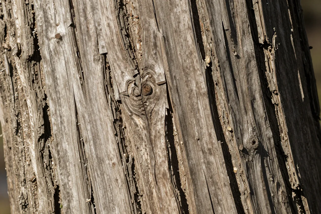 Close-up of deeply furrowed weathered oak bark lit by raking warm sunlight