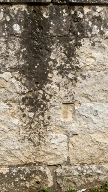 A vertical close-up of an aged lime-crusted stone wall with dark damp patches and pale lichen spots.