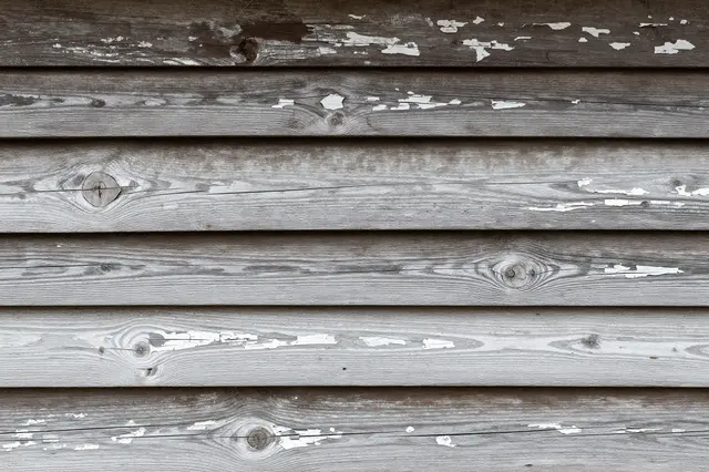 Full frame close up of horizontal dark timber planks with flaking old whitewash under flat overcast light