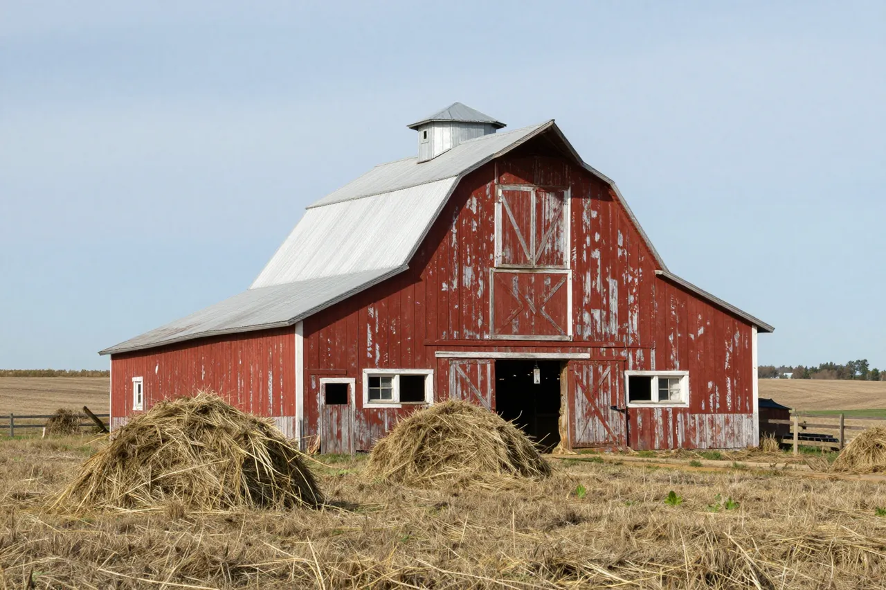 A weathered red wooden barn stands in a dry hay field under a pale blue sky