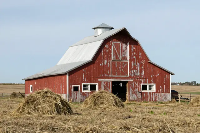 A weathered red wooden barn stands in a dry hay field under a pale blue sky