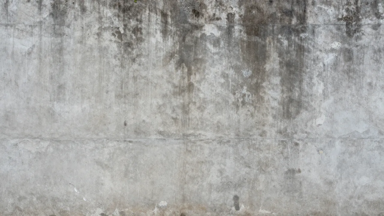 A full frame close-up of weathered gray concrete marked with dark vertical water stains and streaks.
