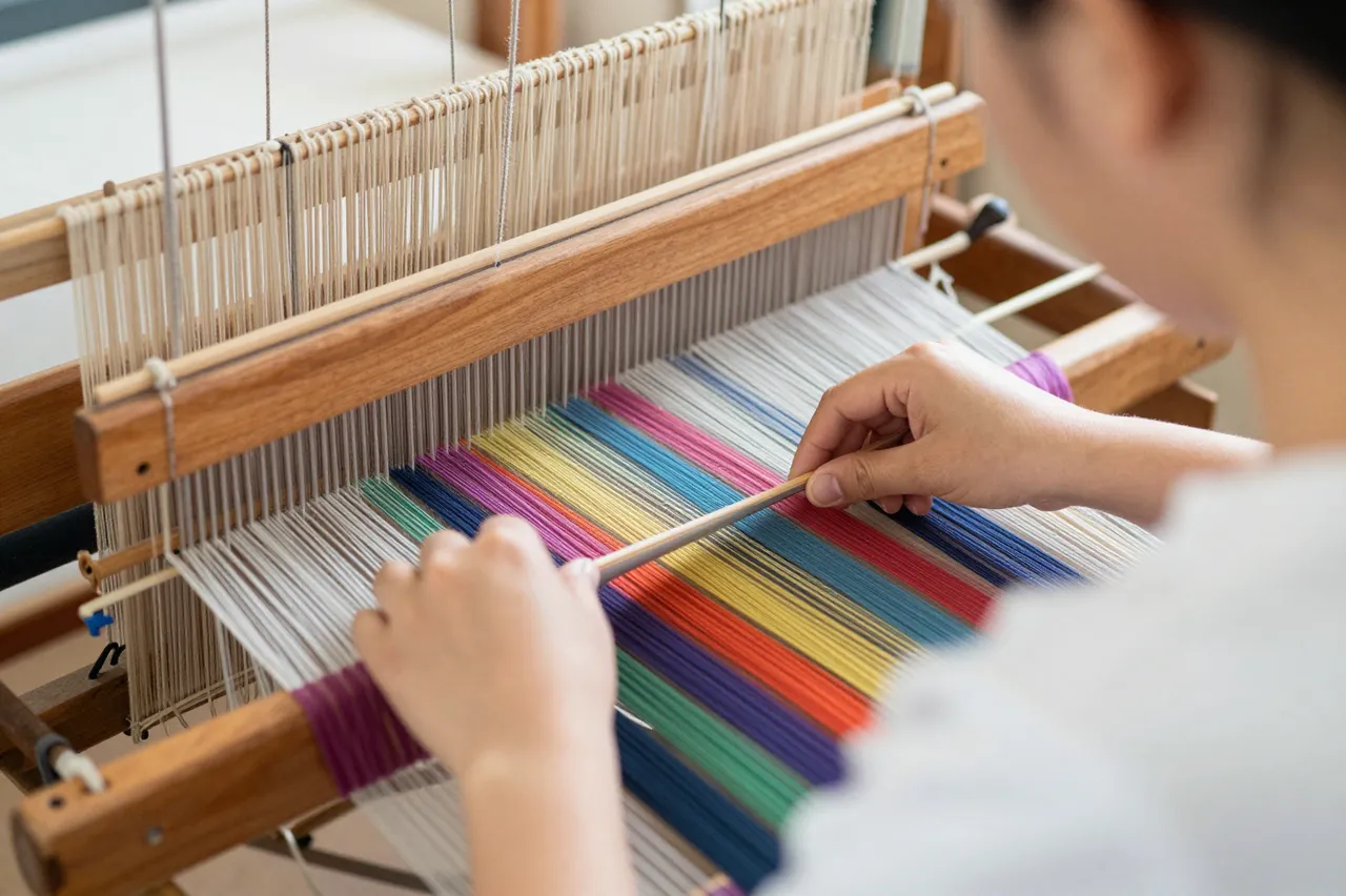 A weaver viewed from behind manipulates a wooden shuttle on a loom strung with colorful threads.