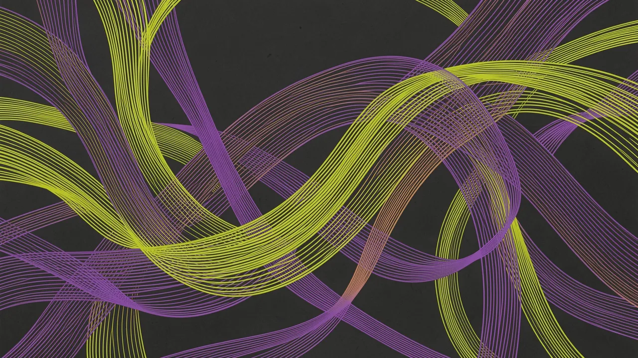 Interwoven curved lime and purple line bundles cross over a dark charcoal background