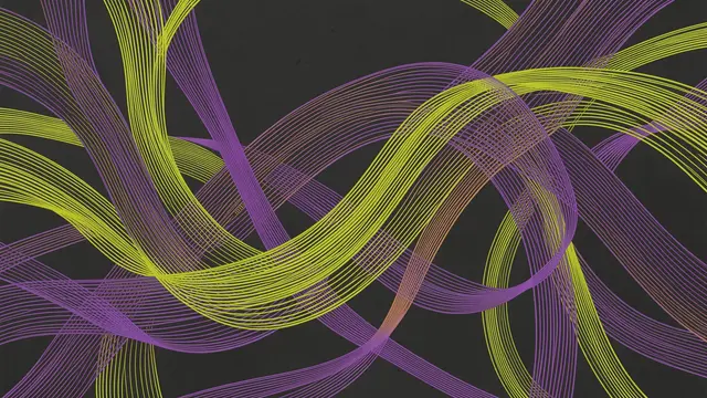 Interwoven curved lime and purple line bundles cross over a dark charcoal background