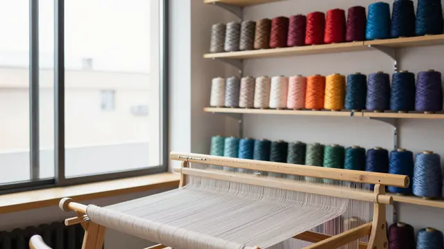 Wooden weaving loom sits beside wall shelves of colorful yarn cones next to a bright studio window.