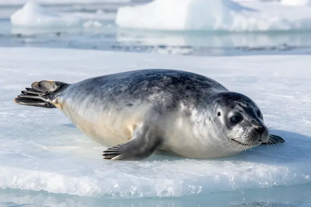 A Weddell seal lies relaxed on a flat sunlit sea ice floe in polar waters.