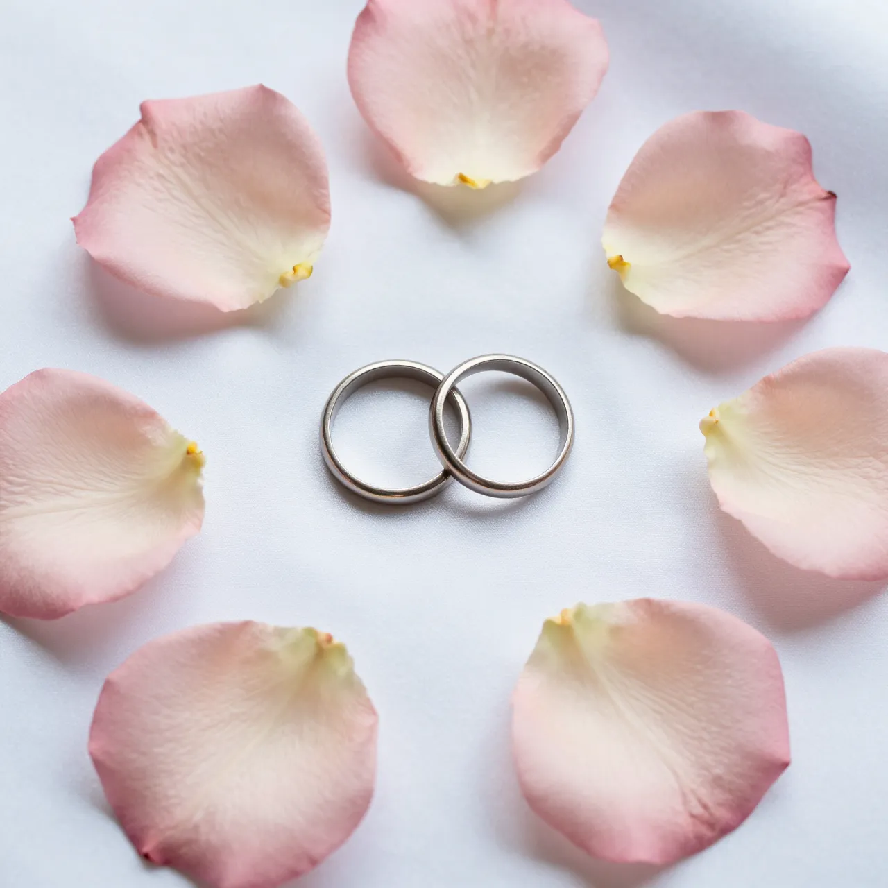 Two silver wedding bands rest surrounded by blush rose petals on smooth white silk.