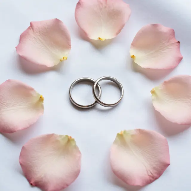 Two silver wedding bands rest surrounded by blush rose petals on smooth white silk.