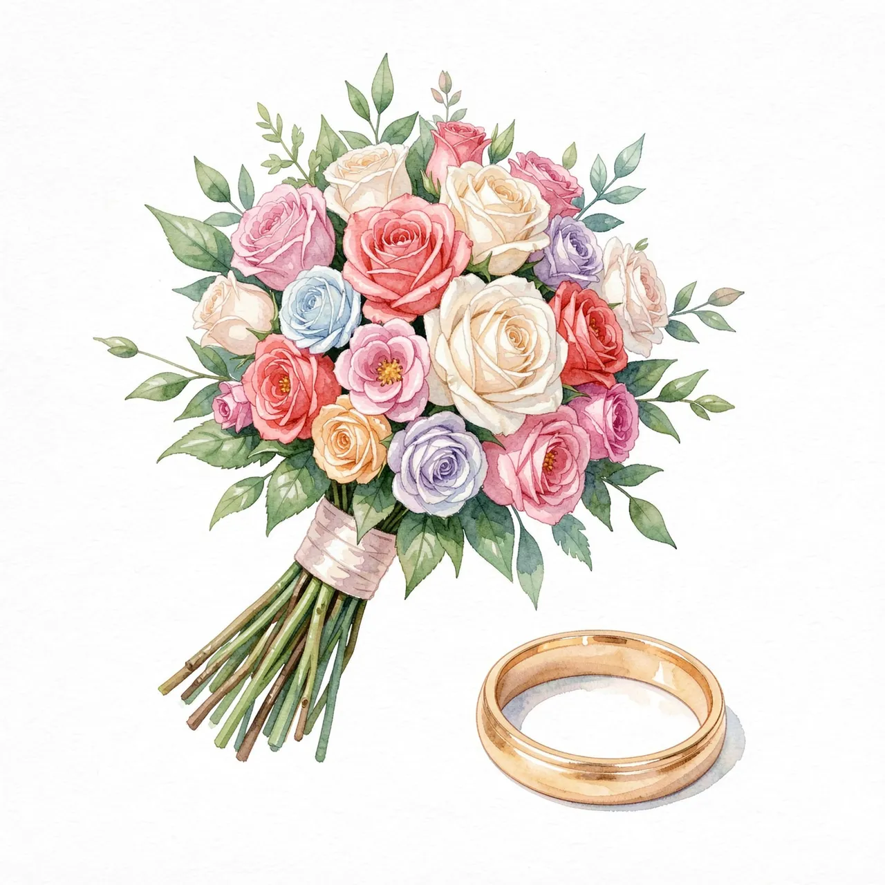 Watercolor illustration of a pastel rose wedding bouquet next to a single gold wedding band on a white background
