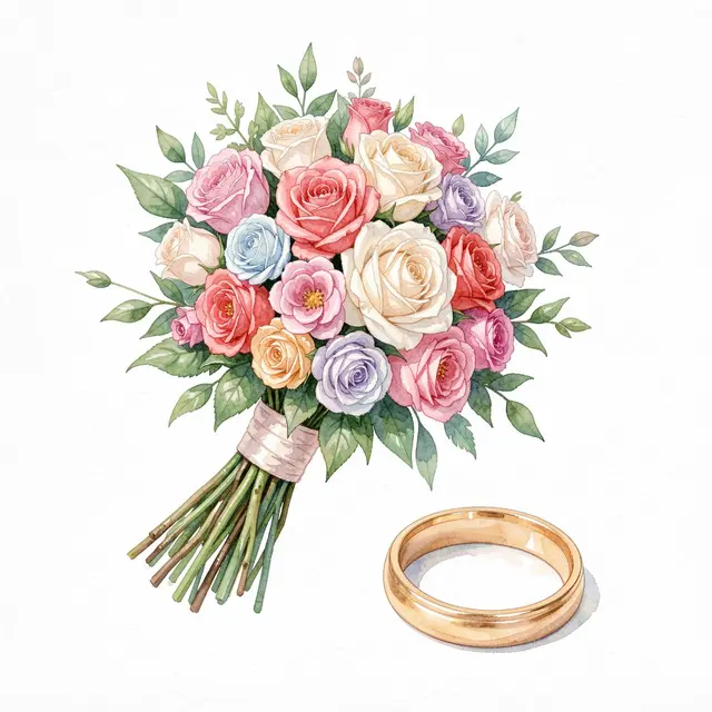 Watercolor illustration of a pastel rose wedding bouquet next to a single gold wedding band on a white background