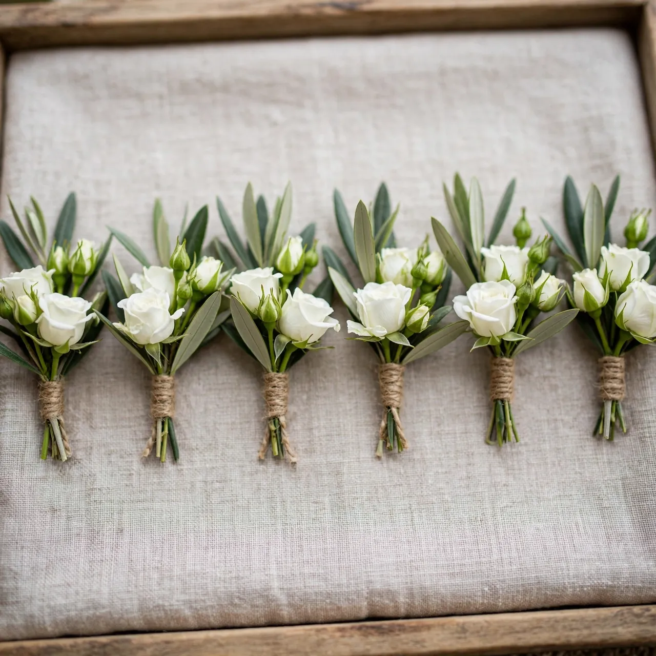 Six matching white rose and olive sprig boutonnieres arranged in a neat row on a linen-lined wooden tray.