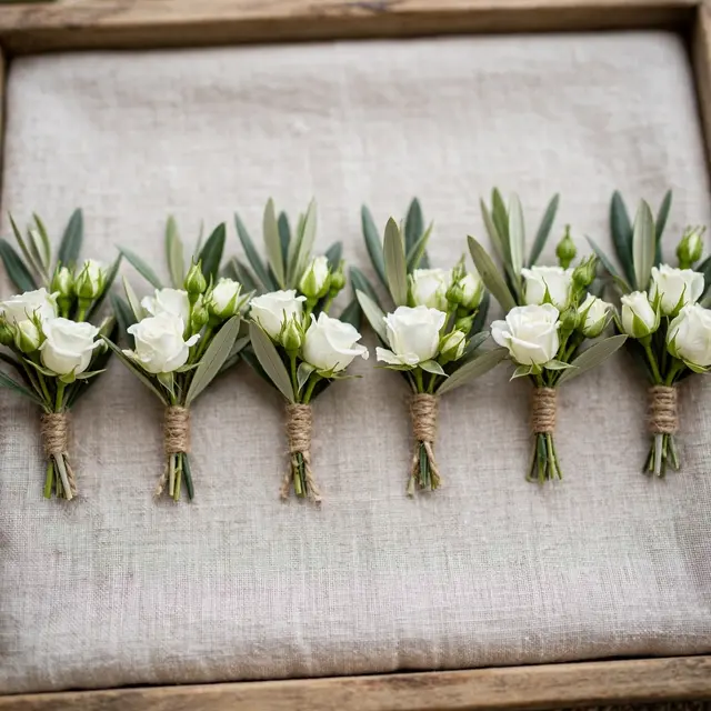 Six matching white rose and olive sprig boutonnieres arranged in a neat row on a linen-lined wooden tray.