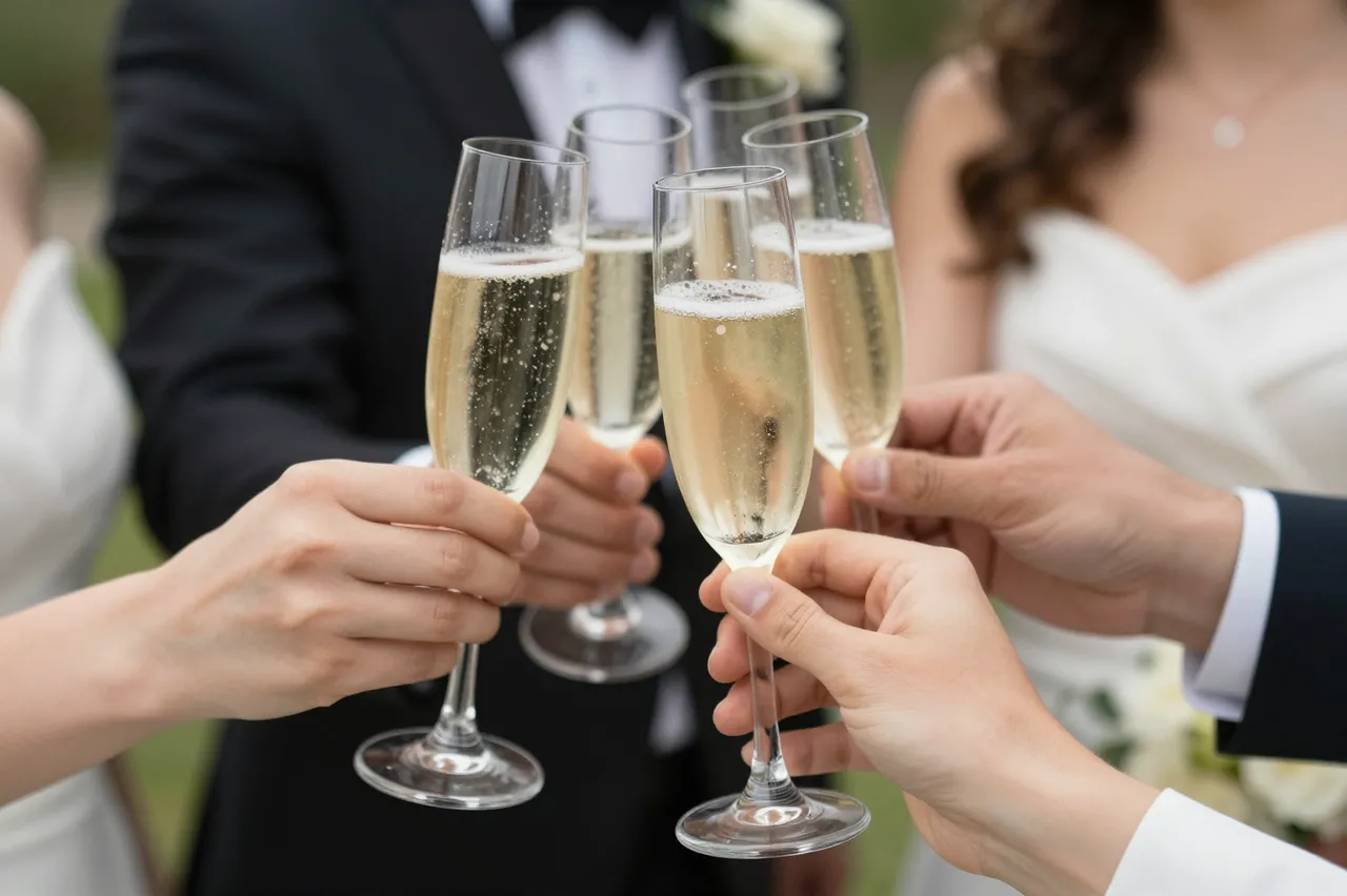 Multiple hands hold filled champagne flutes clinking together in a wedding toast