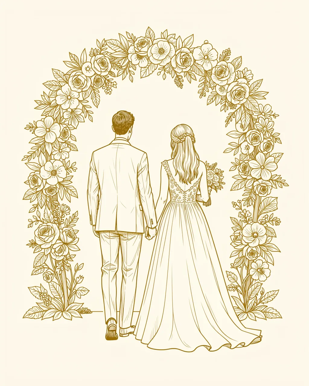 Gold line art of a wedding couple viewed from behind standing under a decorated floral arch on a cream background