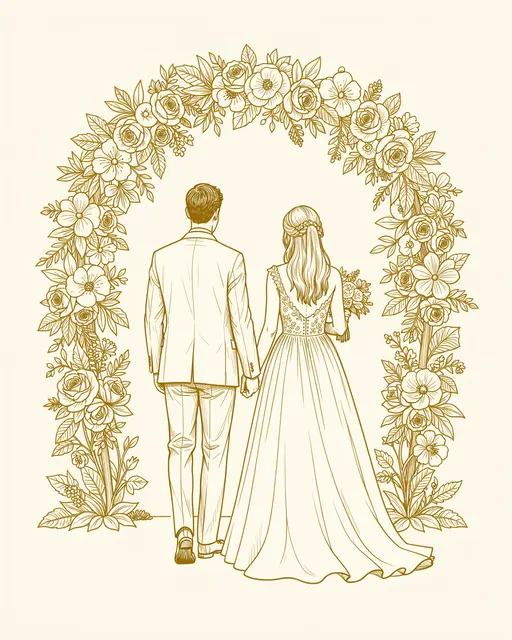 Gold line art of a wedding couple viewed from behind standing under a decorated floral arch on a cream background