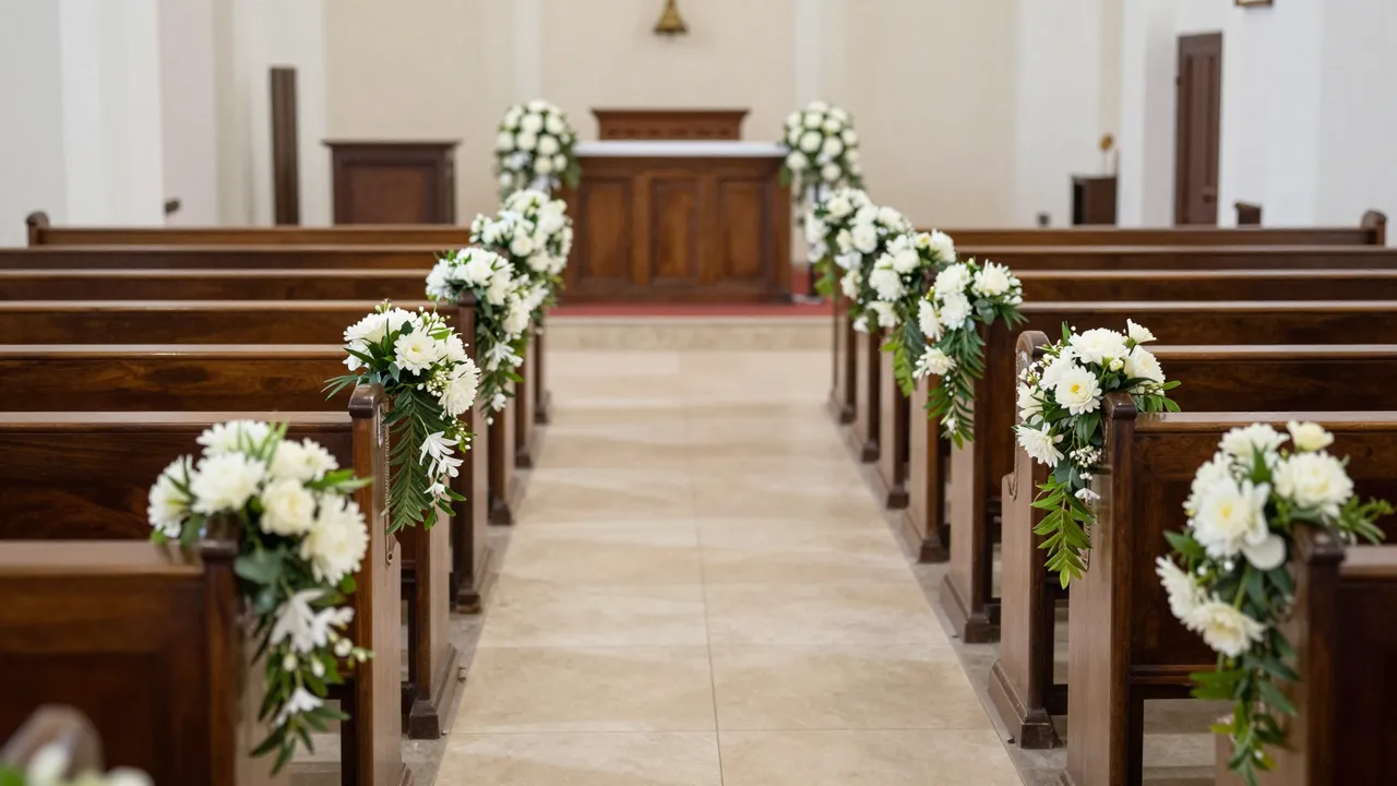 Empty church aisle lined with wooden pews decorated with white flower arrangements for a wedding