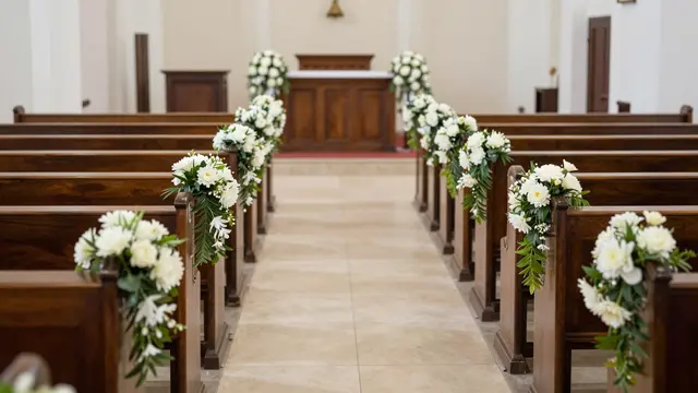 Empty church aisle lined with wooden pews decorated with white flower arrangements for a wedding