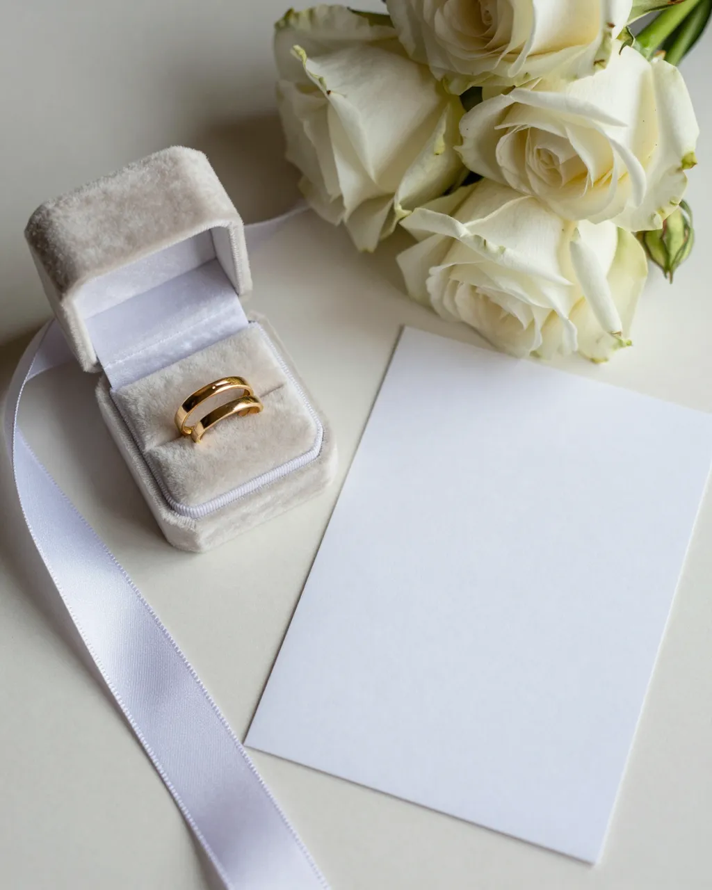 Flat lay arrangement of a velvet ring box with gold bands, white roses, silk ribbon and blank card on a light neutral surface