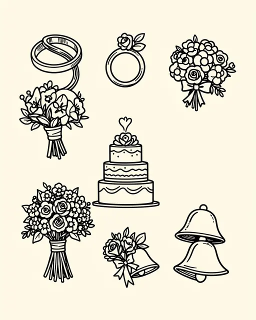 Loose arranged black line doodle icons of wedding rings, bouquets, tiered cake and bells on a cream background