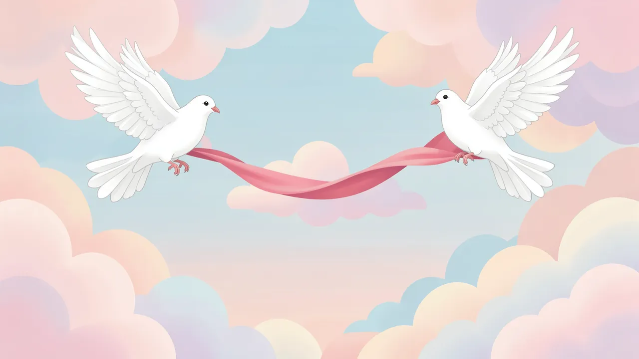 Two white doves hold a pink silk ribbon while flying between pastel clouds with empty central space
