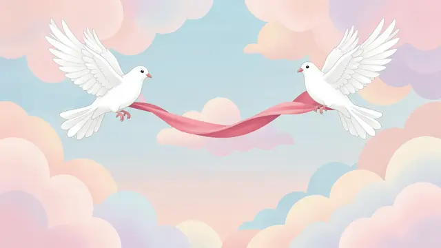 Two white doves hold a pink silk ribbon while flying between pastel clouds with empty central space