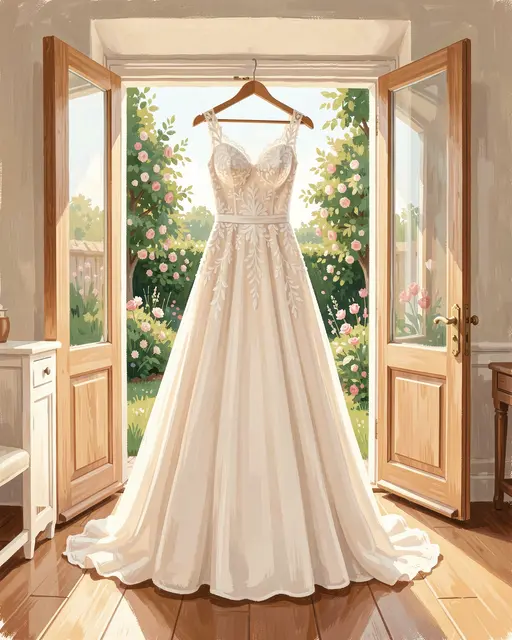 A lace wedding dress hangs on a wooden hanger in front of open glass doors leading to a sunlit rose garden.
