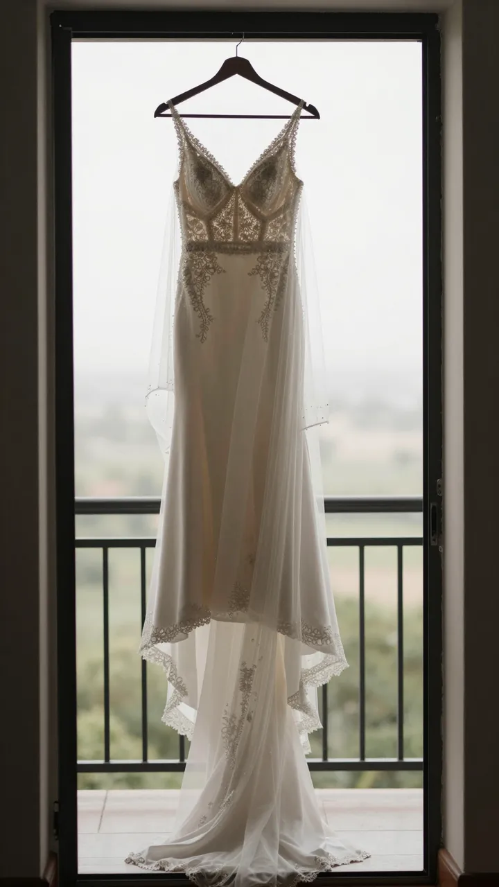 Lace wedding gown with attached veil hangs from a wooden hanger against an open glass balcony door with soft outdoor light.