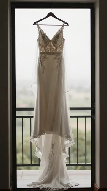 Lace wedding gown with attached veil hangs from a wooden hanger against an open glass balcony door with soft outdoor light.