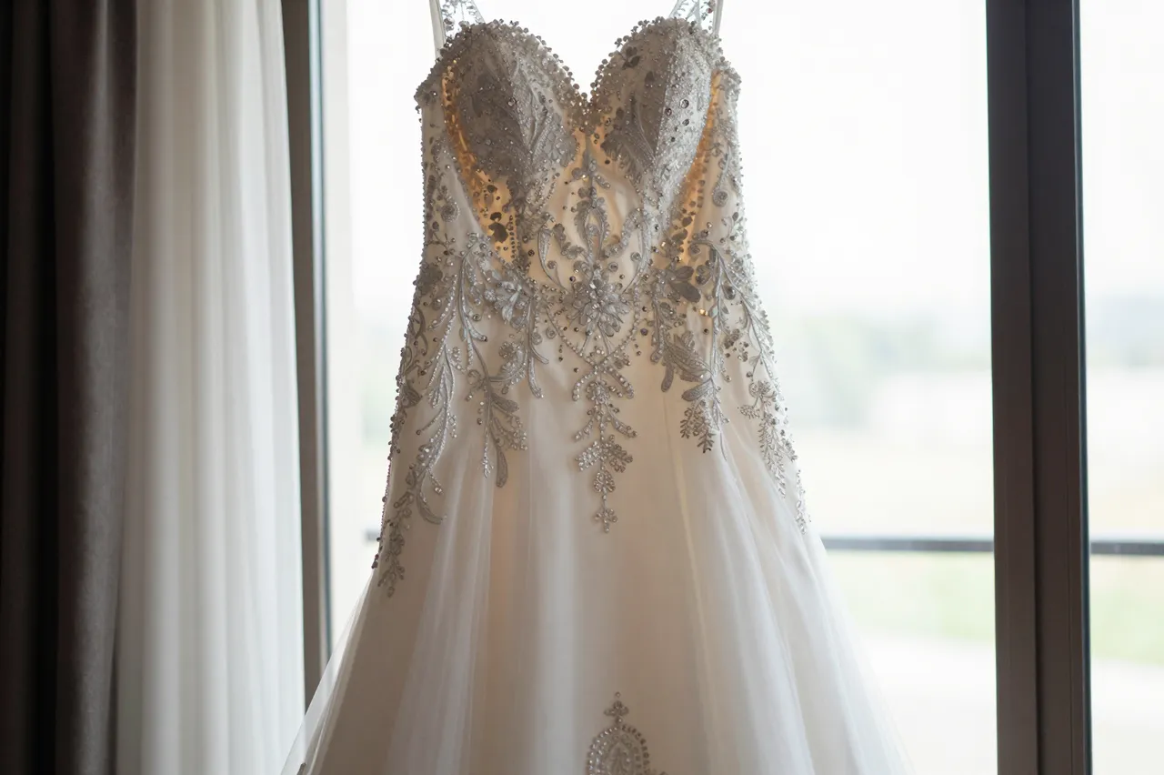 Beaded lace wedding dress hangs in soft natural light next to a sheer curtained window