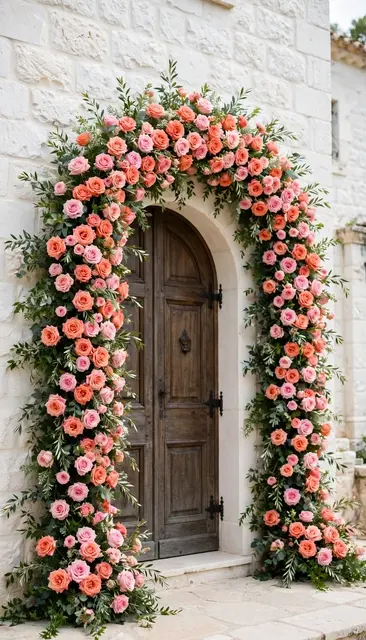 Coral and pink rose floral arch frames a wooden door on a white stone villa exterior