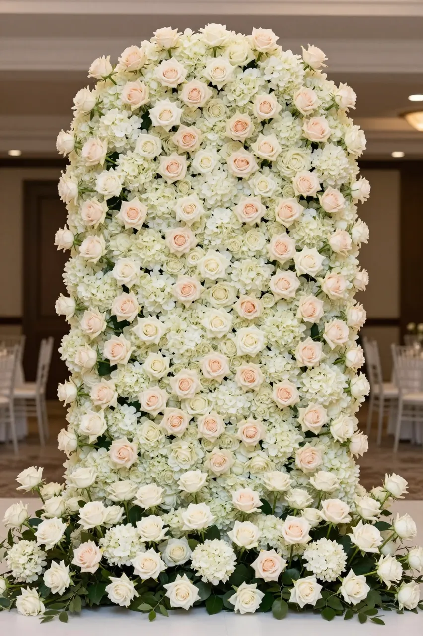 Tall dense blush and white rose and hydrangea floral arrangement set inside an empty event ballroom