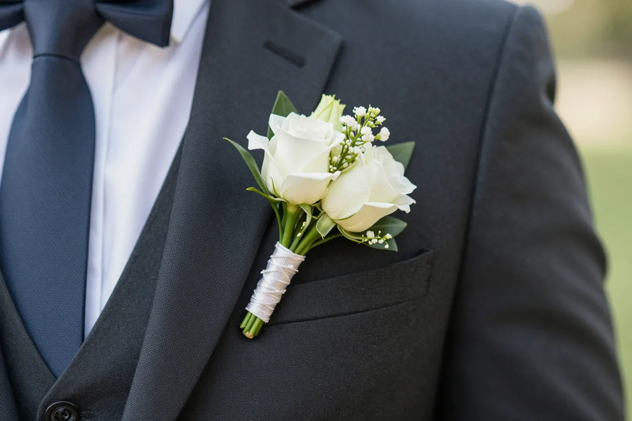 Close-up view of a white rose boutonniere pinned to a dark formal suit lapel