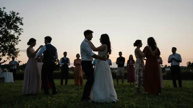 Silhouetted wedding guests and a dancing couple stand on a grassy lawn at soft sunset dusk.