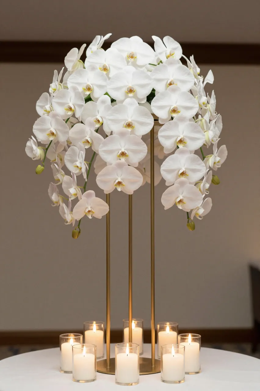 Tall white phalaenopsis orchid centerpiece on a gold stand with lit candles atop a round table
