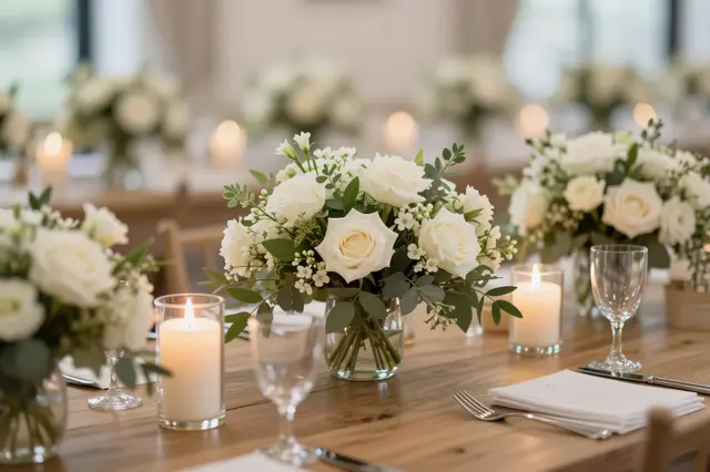 Rustic wooden wedding reception table with white rose centerpieces and lit pillar candles