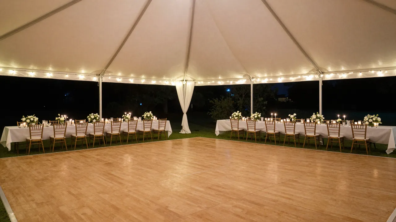 Empty lit wedding reception tent at night with long tables, fairy lights, and a wooden dance floor