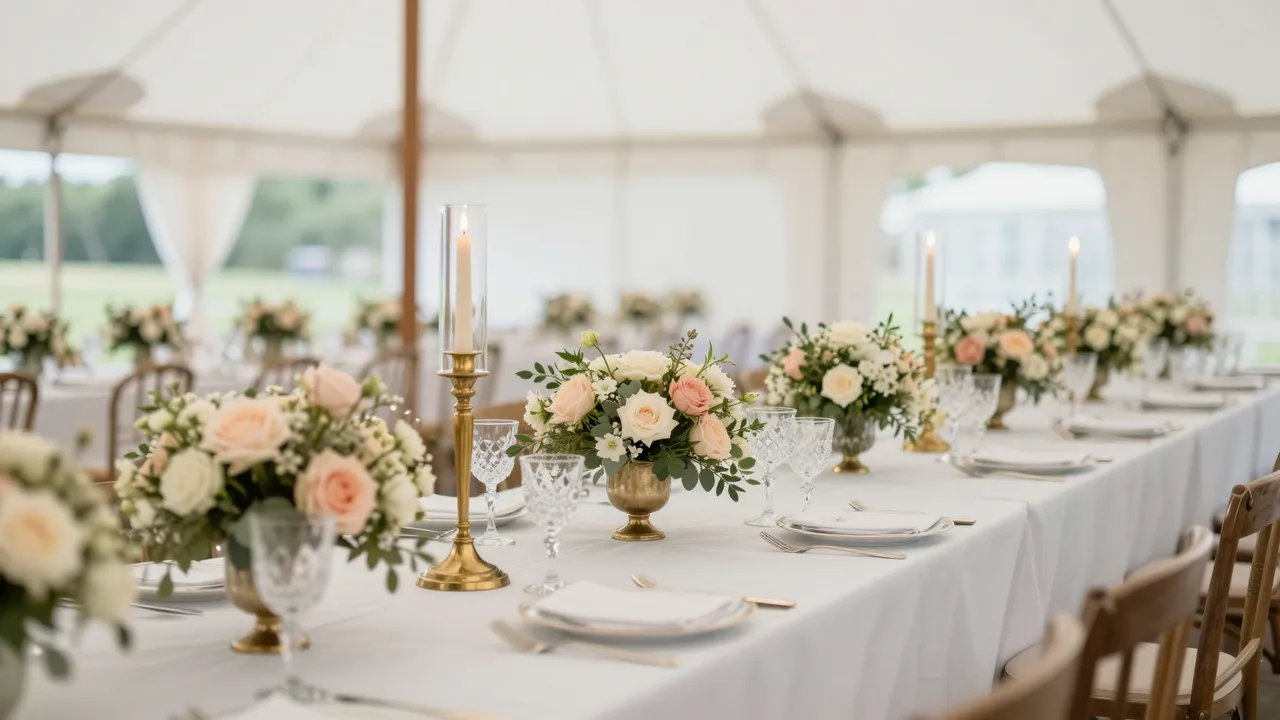 Set long wedding reception table with blush florals, brass candlesticks and crystal glassware inside a white sailcloth tent.