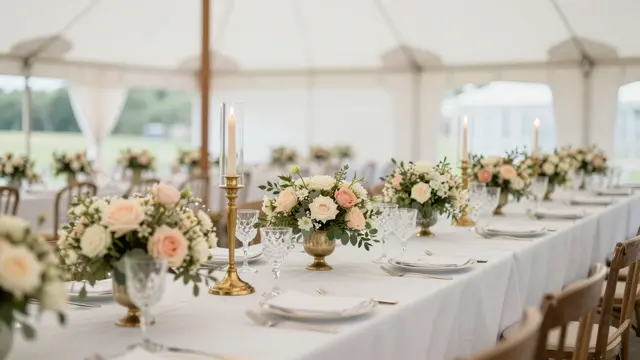 Set long wedding reception table with blush florals, brass candlesticks and crystal glassware inside a white sailcloth tent.