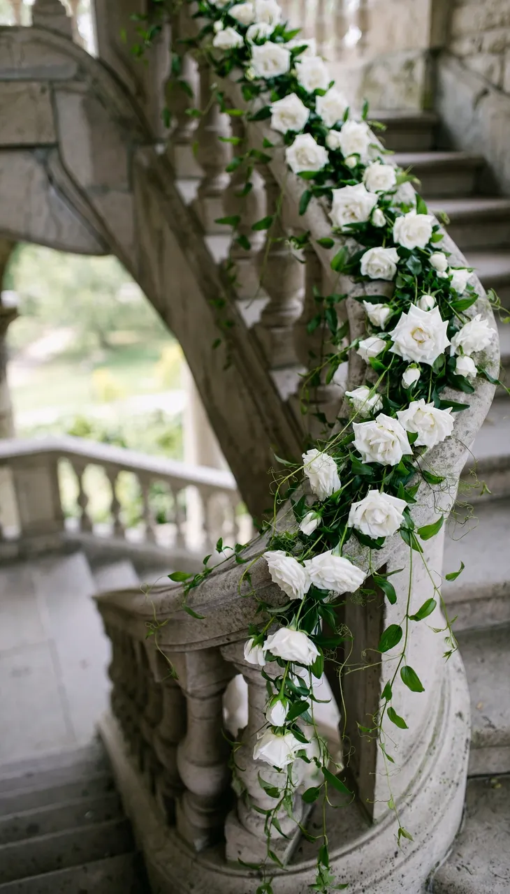 Floral garland of white roses and green vines winding down a curved ornate stone staircase banister
