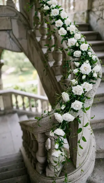 Floral garland of white roses and green vines winding down a curved ornate stone staircase banister