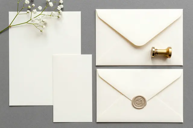 Blank cream wedding stationery, envelopes, wax seal stamp and gypsophila sprigs rest on a gray surface