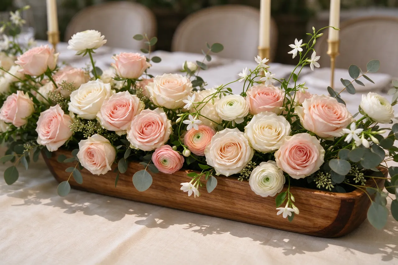 Low pastel wedding flower arrangement in a wooden trough on a linen covered reception table